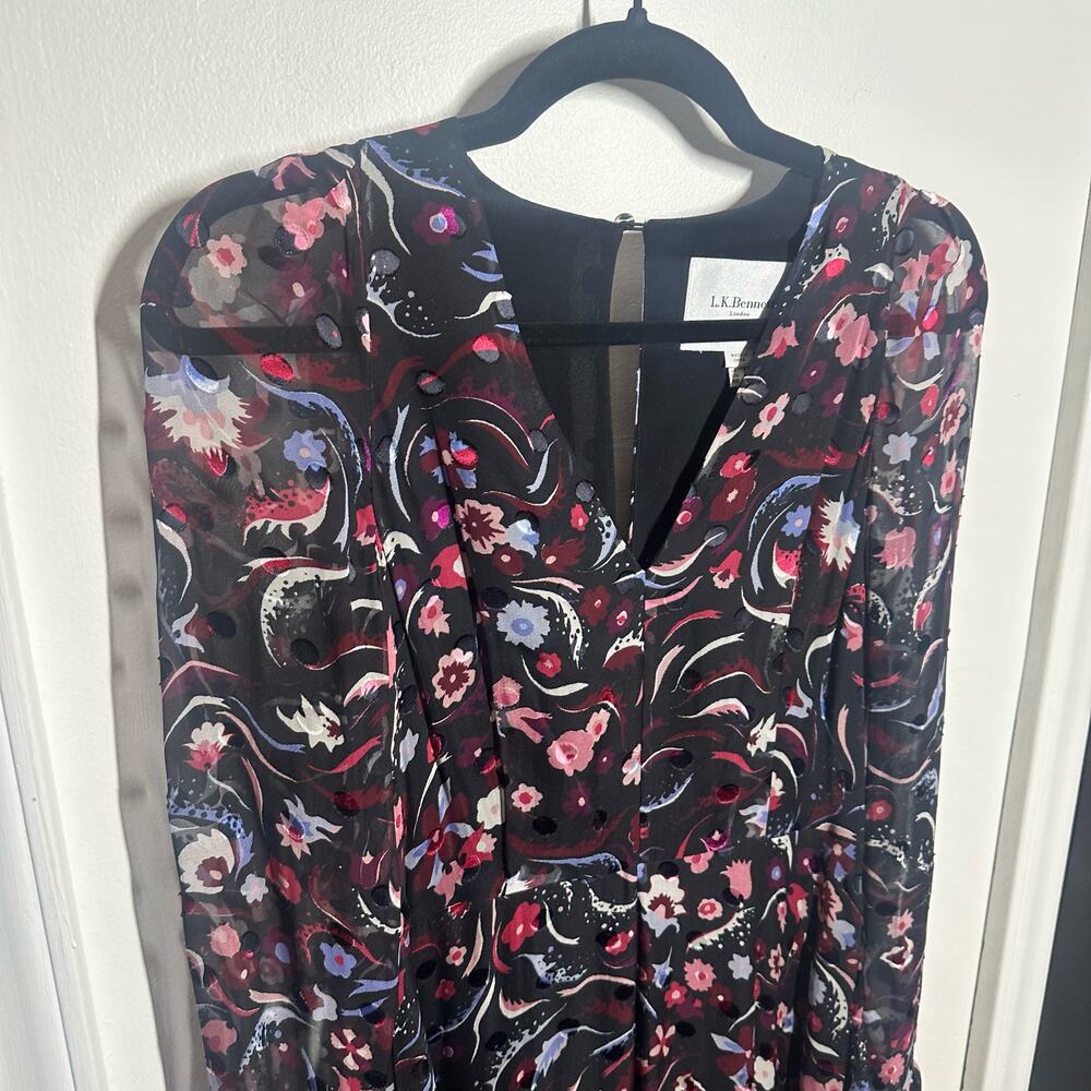 LK Bennett Women's Dr Ally Black Floral Silk Long Sleeve Dress Size 4 - Picture 4 of 12